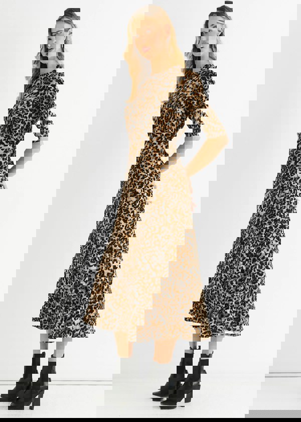 Gini London Brown Animal Print Satin Animal Shift Midi Dress