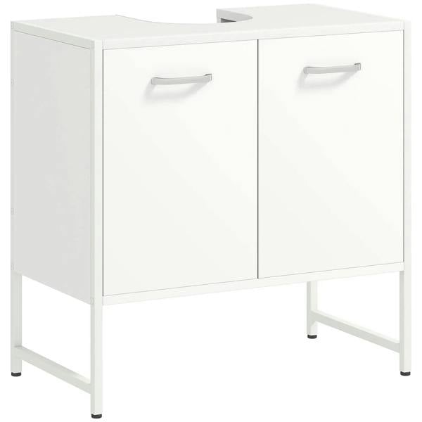 White under-sink bathroom cabinet with two hinged doors and silver bar handles, soft-close