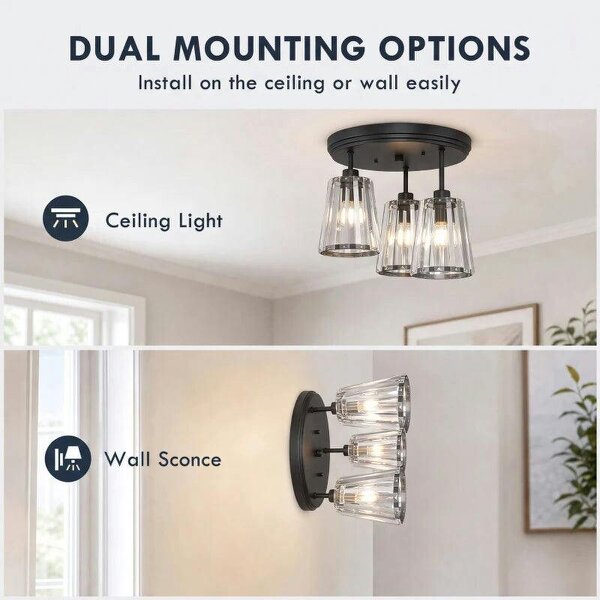 3-Light Crystal Glass Ceiling Light, Triple Head with Dual Mounting, Modern Ceiling Lamp for Living Room, Black