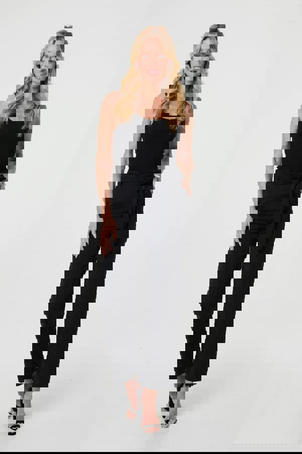 Black | Tie Front High Waist Straight Trousers
