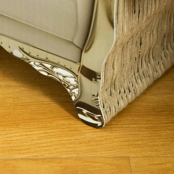 Beige cat sofa bed with scratching pad, ornate metallic legs and thick fabric edge