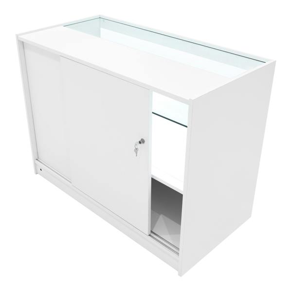 White Phoenix LED shop counter set featuring sliding doors, glass display shelves, and sleek modern design for retail spaces