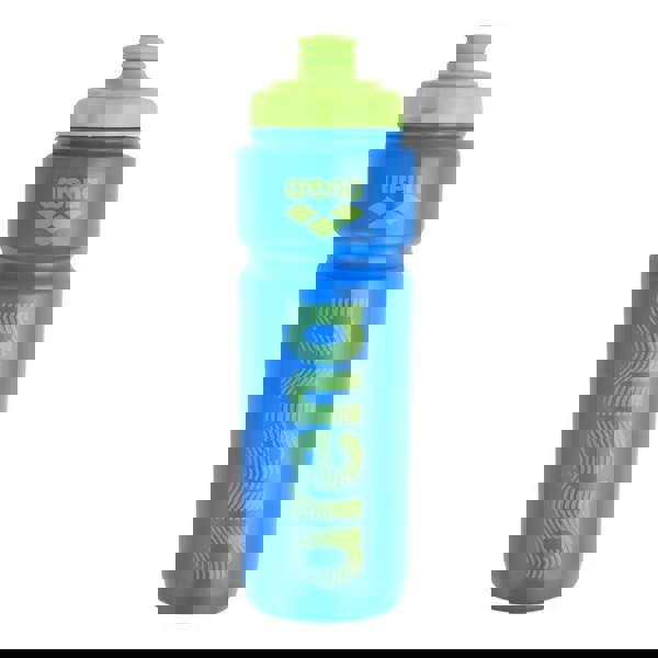 Arena Water Bottle 750ml with blue body, green accents, and logo