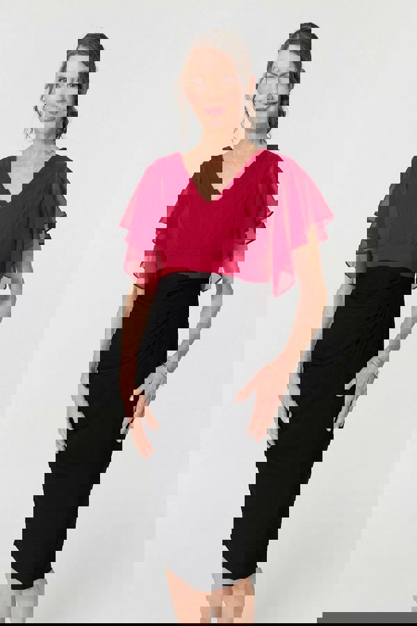 Red | Colour Block Sheer Sleeve Midi Dress
