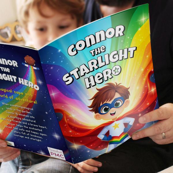 A close-up lifestyle shot of an adult holding open the Personalised Starlight Hero Story Book for Boys from Abode Home & Gifts, showing the front cover titled Connor The Starlight Hero and a sneak peek at the text on the back cover.