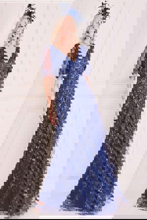 Embroidered Flared Sleeve Maxi - Navy DR3279M