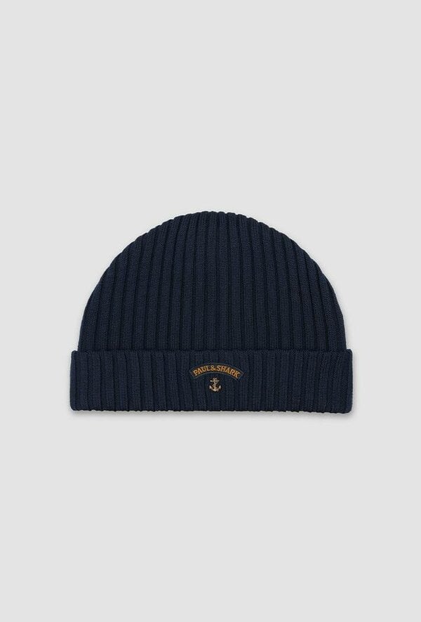 Paul & Shark Ribbed Wool Beanie with Anchor Badge - One Size - Navy