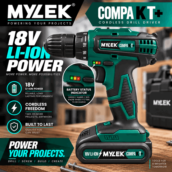 Mylek 18V Cordless Li-Ion Drill With Accessory Kit and Carry Case