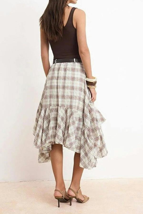 WOVCOR Stone Plaid Belted 100% Cotton Fluffy Midi Skirt