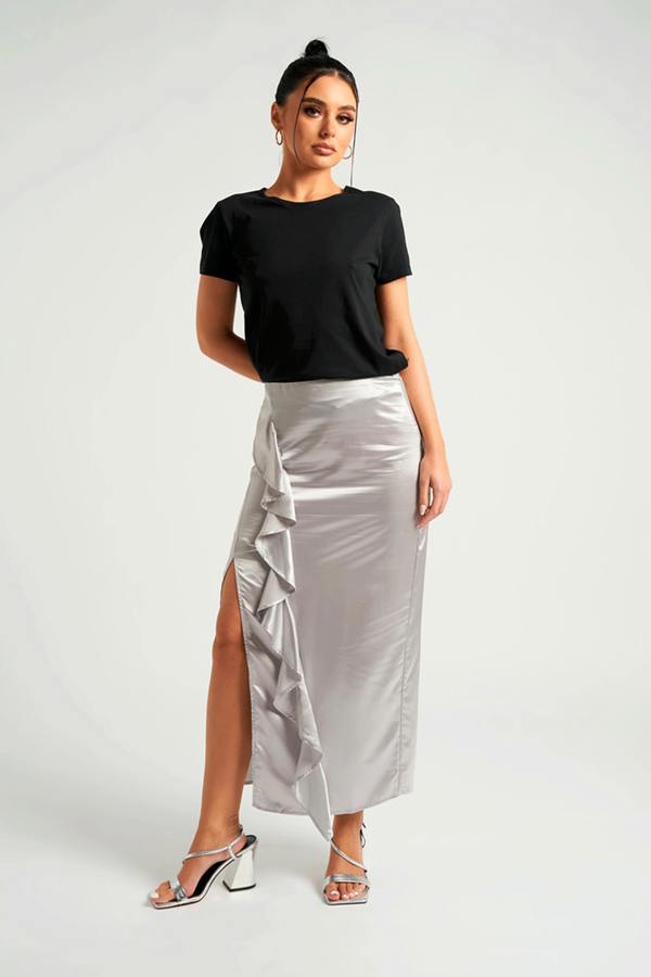 Urban Bliss Satin Ruffle Side Split Midaxi Skirt