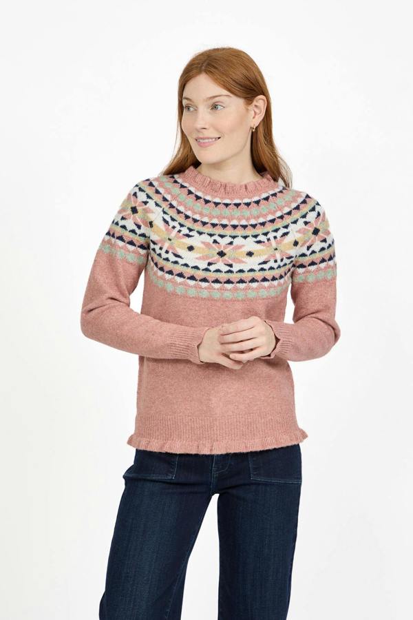 Mudflower Fair Isle Yoke Crew Neck Frill Knit Jumper