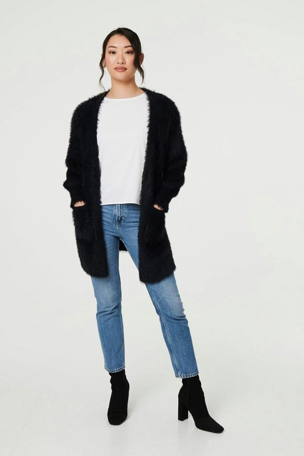 Black | Soft Textured Longline Open Cardigan
