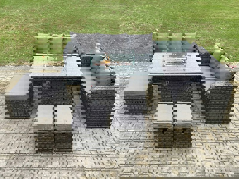 Fimous Garden Patio Furniture Wicker Rattan Gas Fire Pit Table and Sofa Chair set with Side Table 3 Footstools Dark Grey Mixed