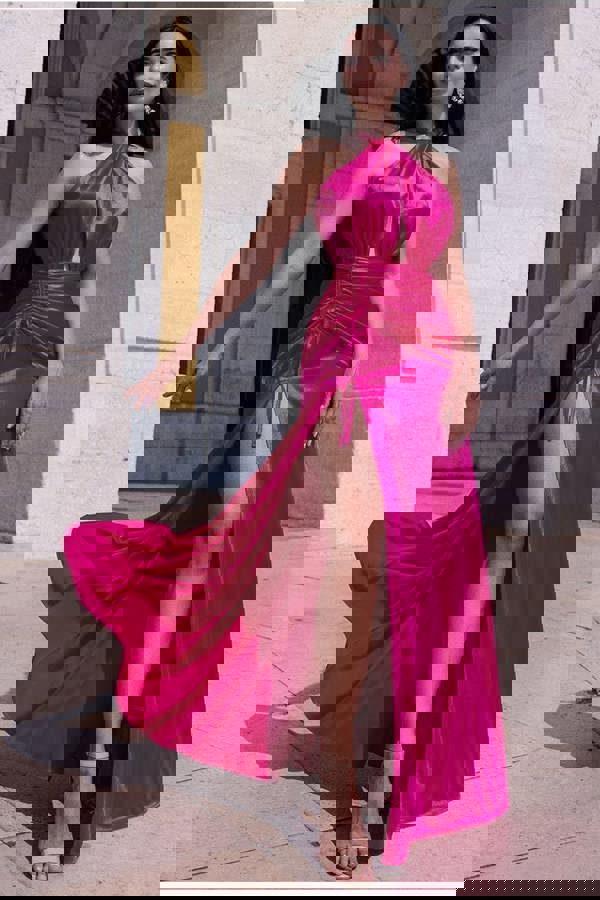 Halter Neck Front Split Satin Maxi Dress - Magenta DR4398