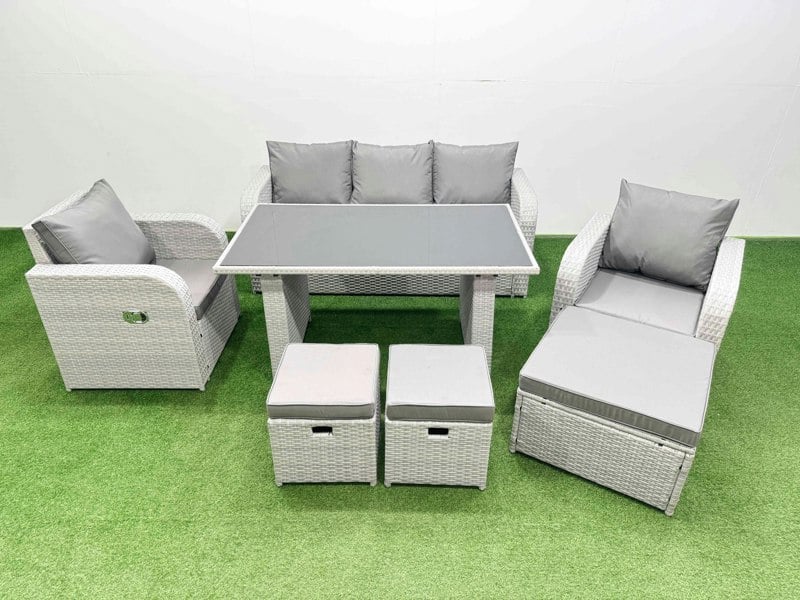 Fimous Outdoor Rattan Garden Furniture Dining Set 8 seater Patio Rectangular Table 3 Seater Sofa Reclining Chair Set with 3 Stools