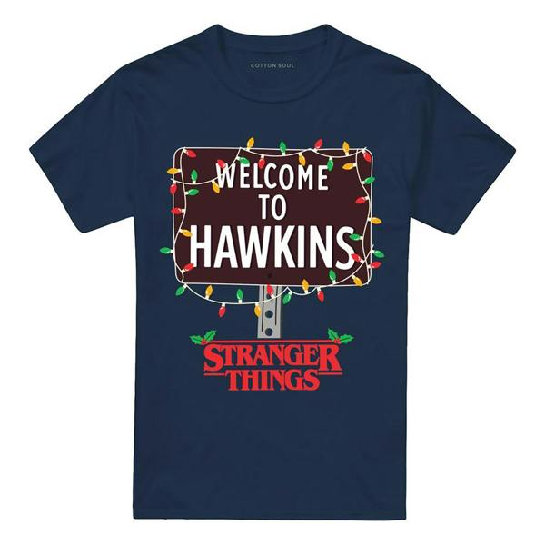 Stranger Things Unisex Adult Welcome To Hawkins Christmas T-Shirt - Navy - 