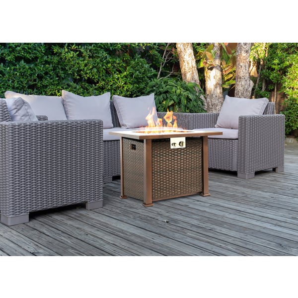 MDA Designs Ostara Stylish Bronze Wicker Garden and Patio Gas Fire Pit Multi-Purpose Glass Tabletop Outdoor Smoke-Free Heater
