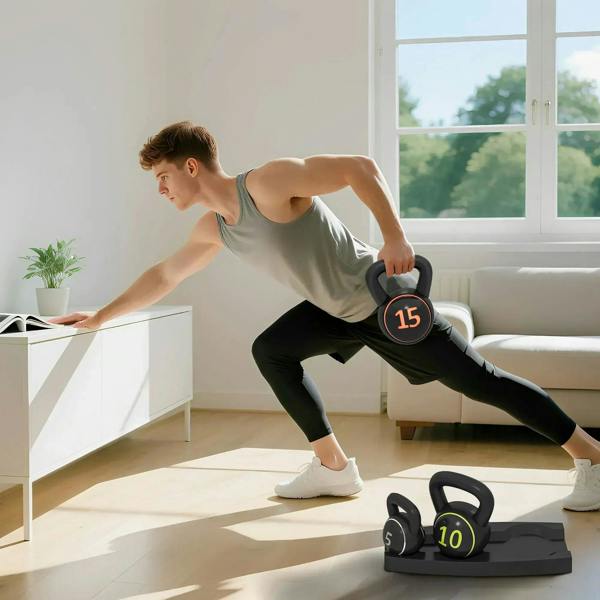 Lunge exercise using 15 lb kettlebell with wide handle and numbered face