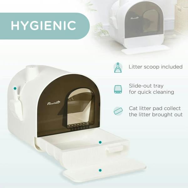 White hooded litter box with slide-out tray, litter pad, and scoop included