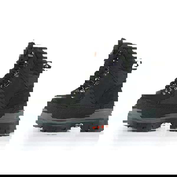 Scruffs Rugged Mens S3 Safety Composite Toe Midsole Work Ankle Boots, black work boots with durable leather upper, padded ankle collar, lace-up closure with metal eyelets, rugged sole with orange highlights, designed for safety and comfort in work environments.