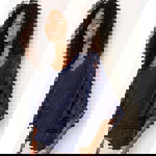 Blue Vanilla Floral Lace Butterfly Sleeve Blouse