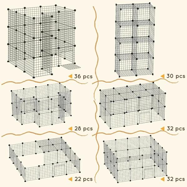 Black metal wire playpen panel set diagram with quantities for different sections