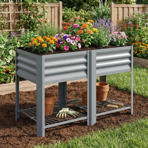 Raised Garden Bed with Storage Shelf Steel Elevated Planter Box with Legs for Outdoor Vegetables Flowers