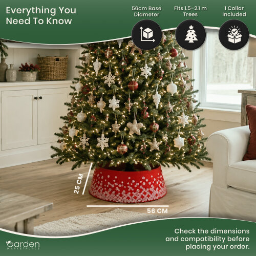Pop Up Christmas Tree Skirt Collar in Red Snowy Pattern Fabric, Sprung Steel Frame Stand Cover, Fits 1.5–2.1m Trees, 56cm Diameter x 25cm High