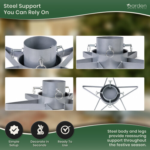 Star-Shaped Silver Christmas Tree Stand with Water Tank, Fits Real Trees up to 2.5m, 3 Screw Clamps for 35-85mm Trunks