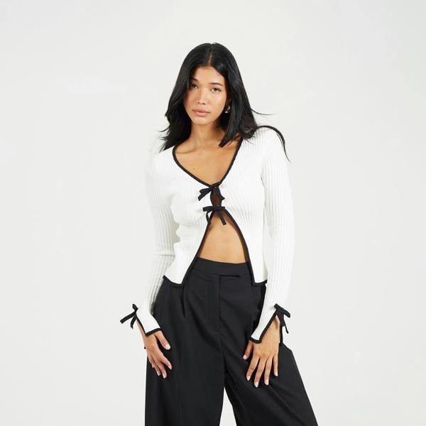 Brave Soul Cream Ribbed Knitted Cardigan with Bow Fastening - Cream Image 1