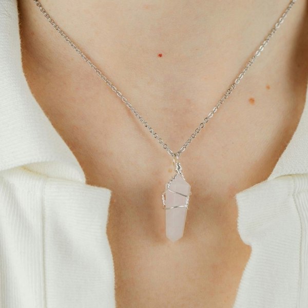 The Colourful Aura Clear Quartz Crystal Point Pillar Wire Wrapped Natural Stone Pencil Necklace