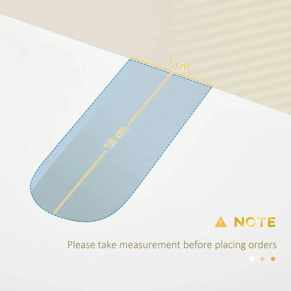 Blue measuring template for under-sink cabinet dimensions, 7 cm by 19 cm