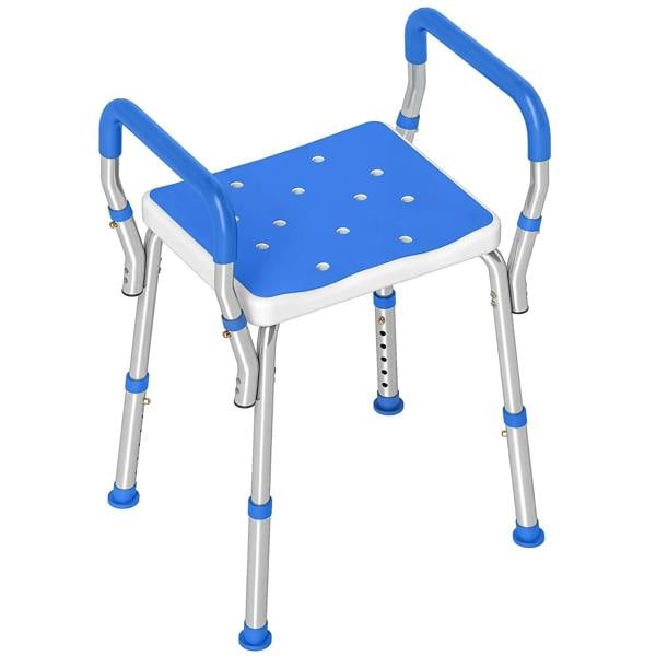 Blue aluminum bath seat with perforated seat pan and adjustable height legs