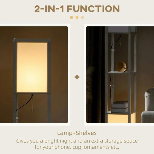 White floor lamp shelving unit showing two light panels over shelving compartments