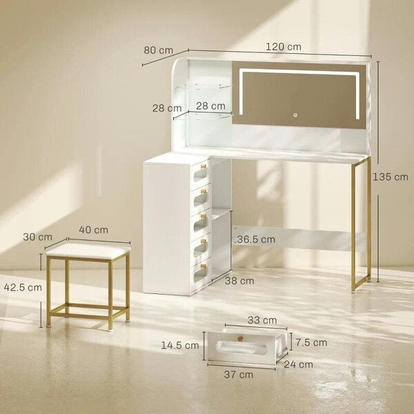 Dressing Table with LED Mirror and Stool, L-Shaped Vanity Desk with Drawers and Shelves, White