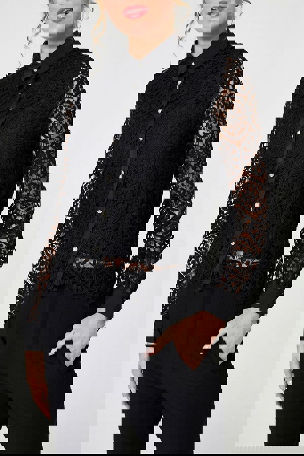 Black | Lace Layer Sheer Sleeve Cropped Shirt
