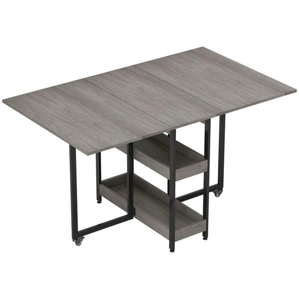 Grey wood-effect drop leaf table with two folding side leaves, lower shelf and casters