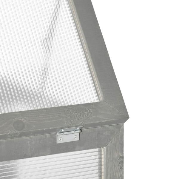 Openable greenhouse lid corner with latch hardware on dark grey frame and clear panel