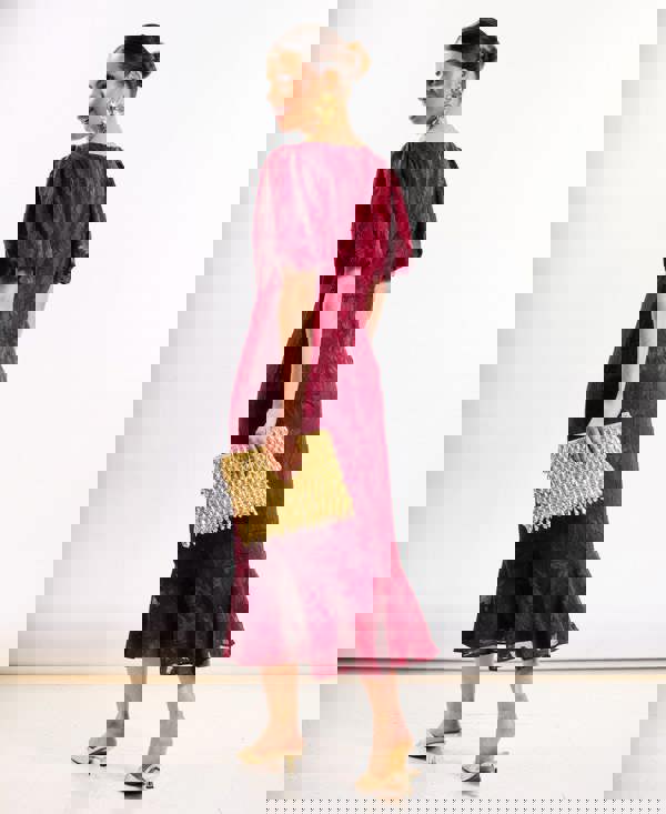 Burgundy Shimmer Puff Sleeve Midi Dress back