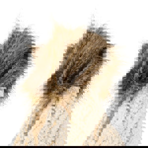 Aran Diamond Cable Button Hat Fisherman Stitch Pom Pom Hat | Chunky Rib Knit with Faux Fur Pom Pom