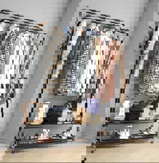 Modcraft Heavy Duty Metal Double Rail Clothes Rack – Freestanding Garment Stand with Shelf