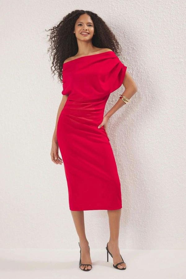 Hoxton Gal Midi Knit Dress with Ruched/Draped Detail