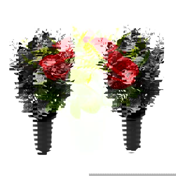 Memorials Direct Premium Artificial Grave Flowers – Red Open Roses with Eucalyptus (25cm) | Memorial Vase Pot