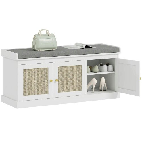 Wyld Haus Wooden White Shoe Bench With 3 Woven Rattan Doors And Grey Padded Seat