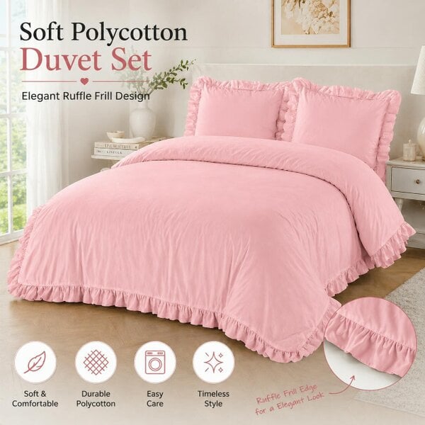 Night Zone Santiago Frilled Polycotton Duvet Cover Set – Easy Care Bedding with Pillowcases - Blush Pink