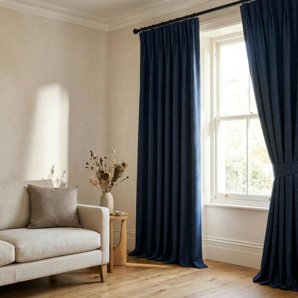 Mestre made-to-measure curtains in Midnight, styled in a living room