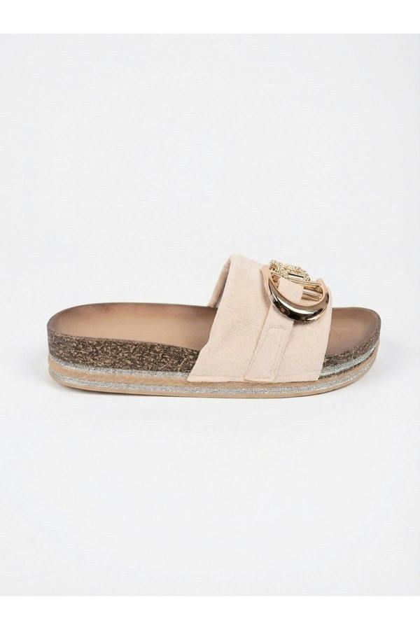 Mia Womens Embellished Cork Platform Sliders - BEIGE