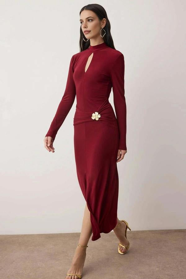 WOVCOR Knit Maxi Dress with Lining and Accessory Details
