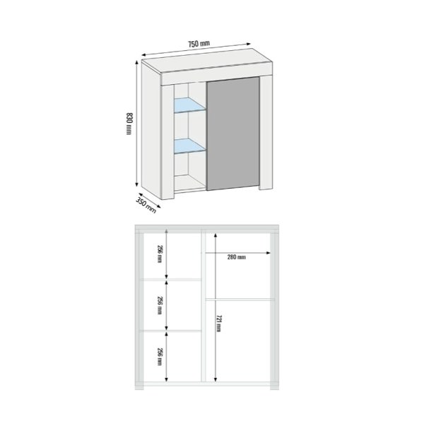 Mex Furniture 83cm Grey Cabinet Cupboard Sideboard with High Gloss Door and Free LED Lights