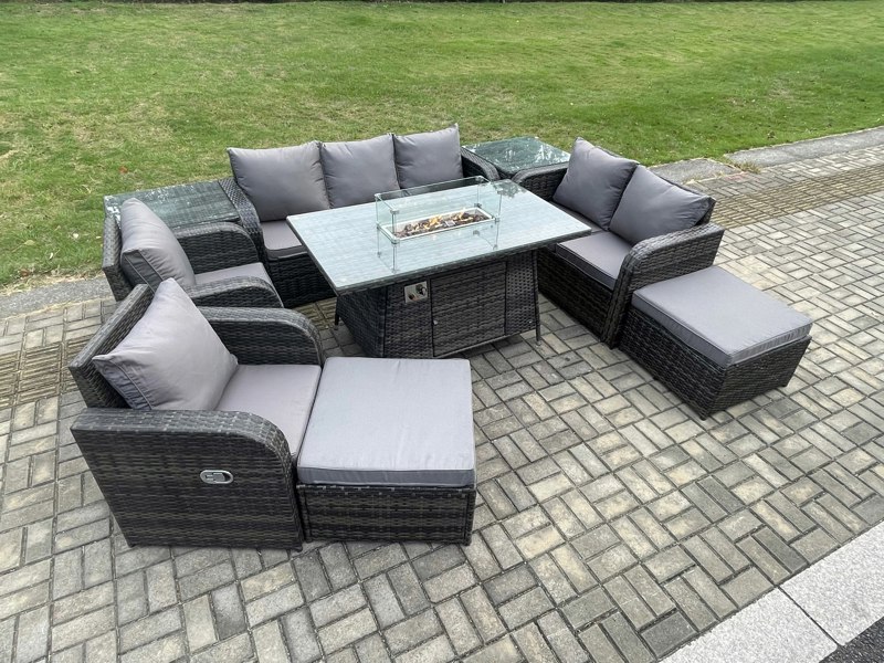 Fimous Rattan Outdoor Garden Furniture Set with Gas Fire Pit Table, 2 Sofas, 2 Chairs, 2 Side Tables, 2 Footstools - 9 Seater - Dark Grey